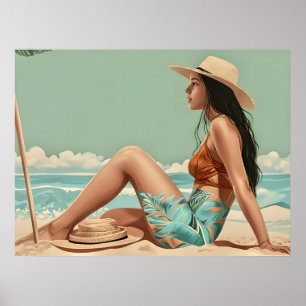 Poster Vintage Jolie Femme Assis Sur Le Sable De Plage