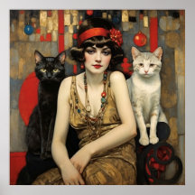 Vintage Jolie Femme Avec Chats Noirs & Blancs