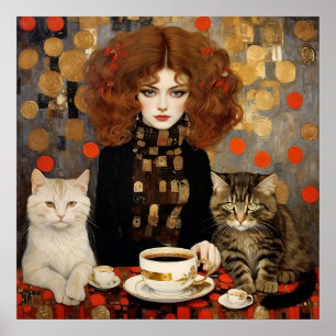 Poster Vintage Jolie Femme Avec De Mignons Cats Café Art
