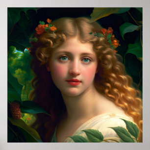 Poster Vintage Jolie Fille Aux Fleurs Rouges