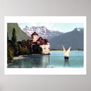 Poster Vintage Lake Geneva Chillon Castle