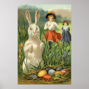 Poster Vintage lapin de Pâques et enfants heureux Eastert