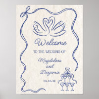 Vintage Main Drag Marine Blue Swans Mariage Bienve