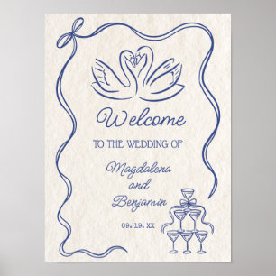 Poster Vintage Main Drag Marine Blue Swans Mariage Bienve