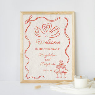Poster Vintage Main Tirée Orange Swans Mariage Bienvenue