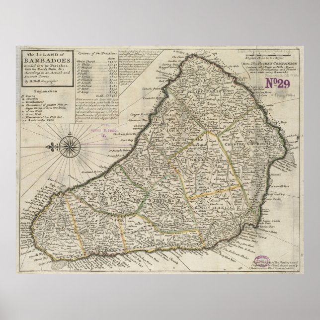 Poster Vintage Map of Barbados (Devant)