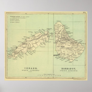 Poster Vintage Map of Barbados and Tobago (1853)