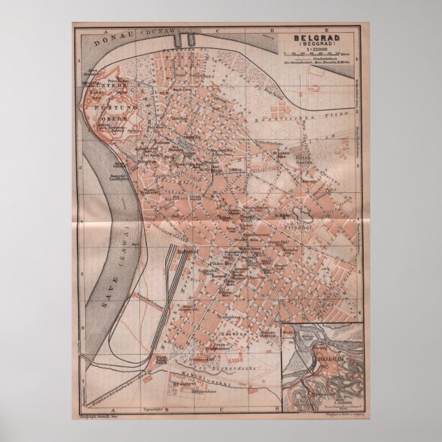 Poster Vintage Map of Belgrade Serbia (Devant)