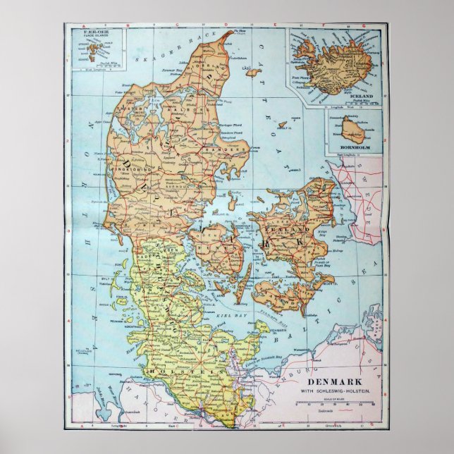 Poster Vintage map of Denmark (Devant)