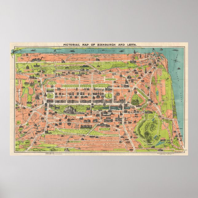 Poster Vintage Map of Edinburgh Scotland (Devant)