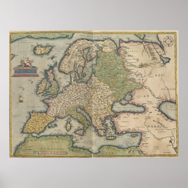 Poster Vintage map of Europe (1570) (Devant)