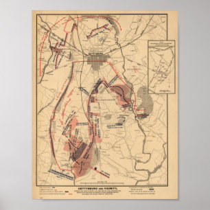 Poster Vintage Map of Gettysburg and Vicinity, July 1863