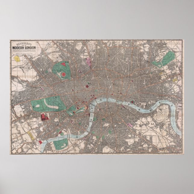 Poster Vintage Map of London England (1862) (Devant)