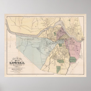 Poster Vintage Map of Lowell MA (1881)