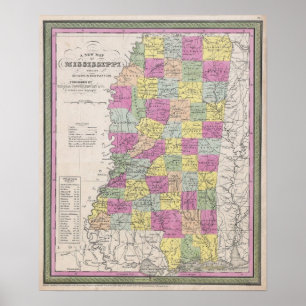 Poster Vintage Map of Mississippi, 1853
