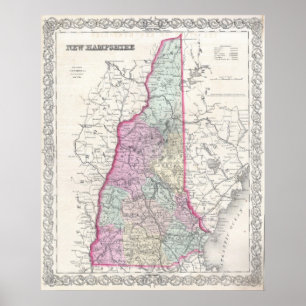 Poster Vintage Map of New Hampshire (1855)