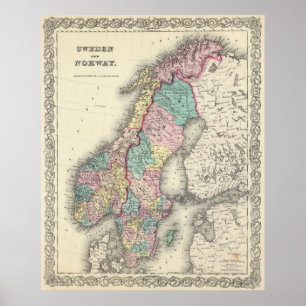 Poster Vintage Map of Norway and Sweden (1856)