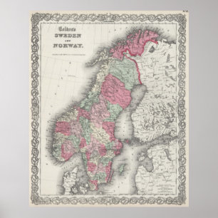 Poster Vintage Map of Norway and Sweden (1865)
