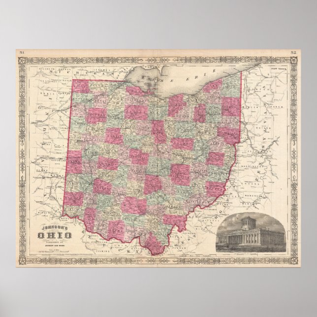 Poster Vintage Map of Ohio (Devant)