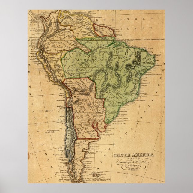 Poster Vintage Map of South America (Devant)