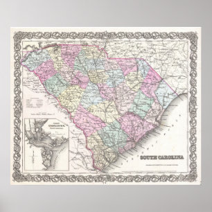 Poster Vintage Map of South Caroline (1855)