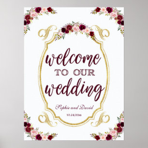 Poster Vintage Marsala Floral Bienvenue À Notre Mariage