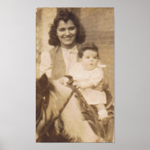 Poster Vintage mère et enfant sur un poney