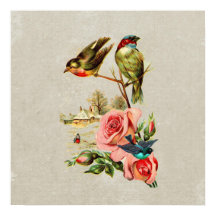 Vintage mignon Oiseaux et peinture paysagère Rose