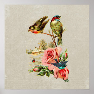 Poster Vintage mignon Oiseaux et peinture paysagère Rose