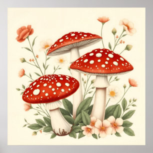 Poster Vintage Mouche Agarique Rouge Et Champignons Blanc
