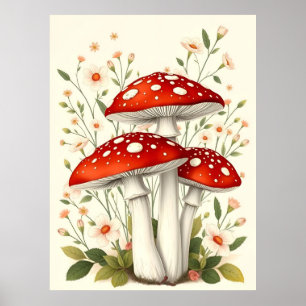 Poster Vintage Mouche Agarique Rouge Et Champignons Blanc