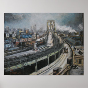 Poster Vintage New York City Peinture Brooklyn Bridge