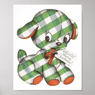 Poster Vintage Noël En vichy Chien Chien coquelicot anima