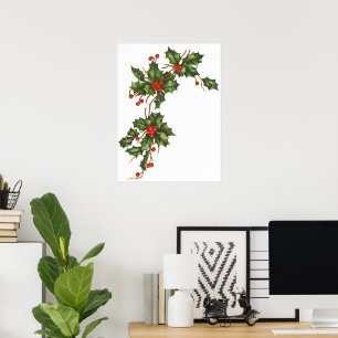 Poster Vintage Noël, Holly Plante avec les baies rouges