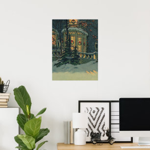 Poster Vintage Noël, Maison avec des couronnes dans Windo