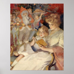 Poster Vintage Noël, Mère Lecture Bedtime Story