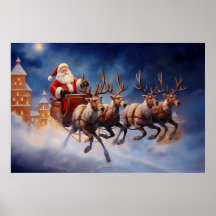 Vintage Noël Père Noël Voler à Sleigh