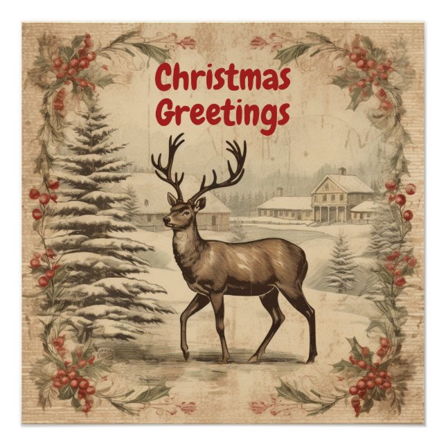 Poster Vintage Noël Salut Deer (Devant)