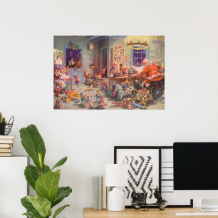 Poster Vintage Noël, Santa Claus avec Elves Atelier