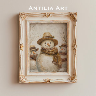 Poster Vintage Noël Snowman Peinture Noël Rustique