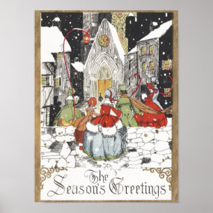 Poster Vintage Noël Victorien Les gens vont à l'église