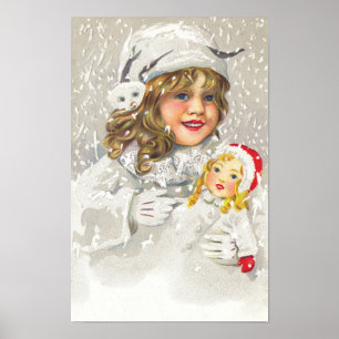Poster Vintage Noël Victorienne fille avec poupée en neig