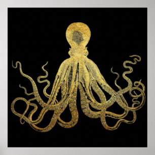 Poster Vintage Octopus Gold Black Enk Côtier Nautique