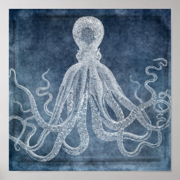 Poster Vintage Octopus Twilight Blue Denim