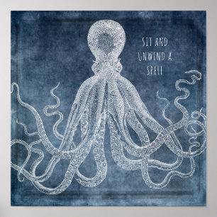 Poster Vintage Octopus Twilight Blue Watercolor quota