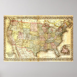 Poster Vintage Old United States USA General Map