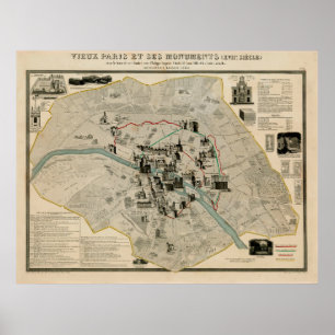 Poster Vintage Paris France Monuments & Landmarks Map