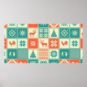 Poster Vintage patchwork de Noël sans couture motif. Bac