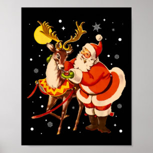 Poster Vintage Père Noël Reindeer Retro 1950 Noël Pajam