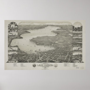 Poster Vintage Pictorial Map of Lake Geneva WI (1882)